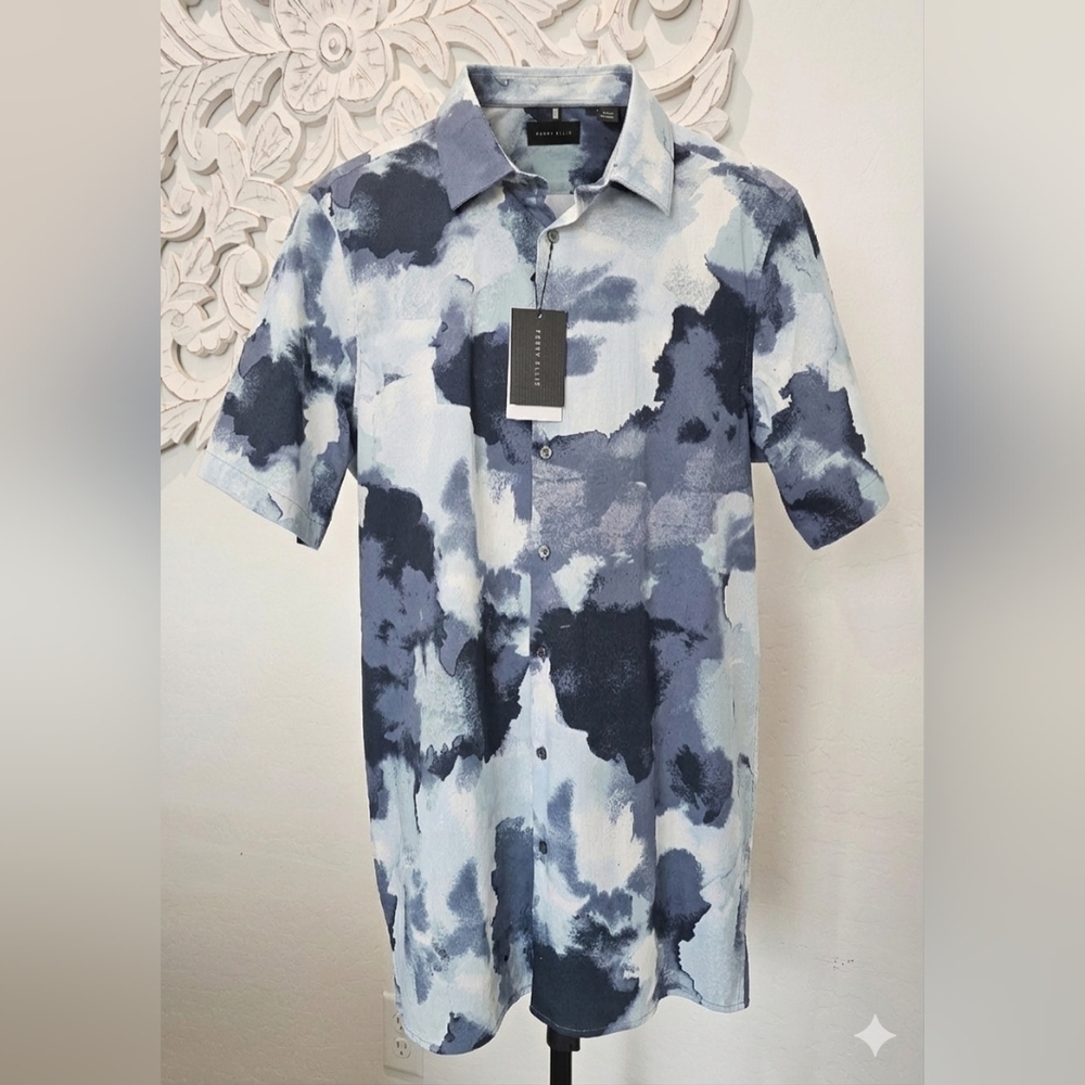 Perry Ellis Navy/Teal/Light Blue Watercolor Button Down Shirt Men's Sz XLT NWT